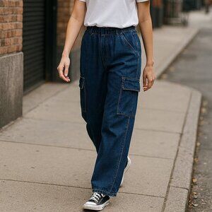 2XL Unisex Cargo Denim Pants – Wide Leg, Multi‑Pocket, Straight Fit